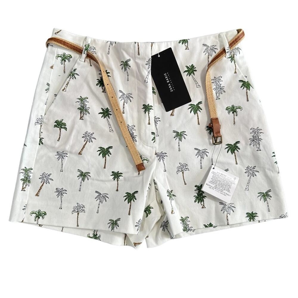 Zara Tropical Palm Tree High Waisted Belted Shorts Size S - Picture 2 of 8